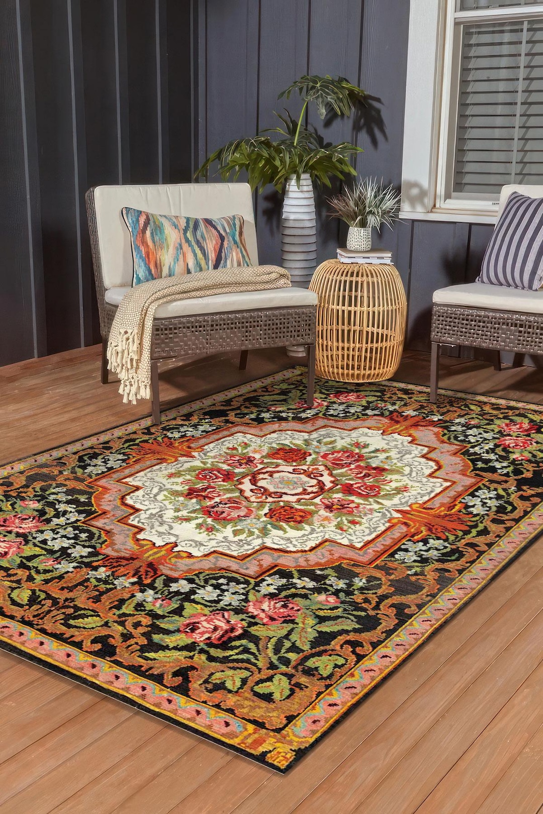 Romantic Floral Digital Printed Rug, Black Background Vintage