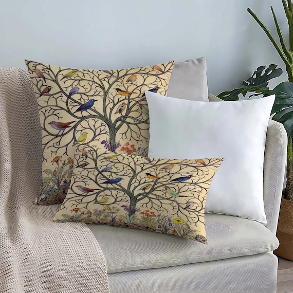 Animal Cushion Cover, Birds on Tree Branches Pillow Cover, Cushion, Flowers Pillow Sham, Autumn Pillow Sham, Unique Cushion Cover,