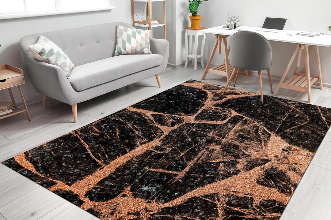 Black and Copper Marble Rug, Black Marble Rug, Contemporary Rug, Marble ...