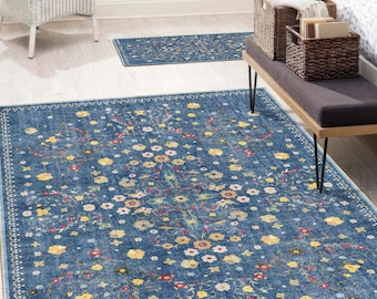 Sky Blue Yellow digital print rug, boho floral floor mat, washable vintage area rug with colorful botanical modern flower pattern