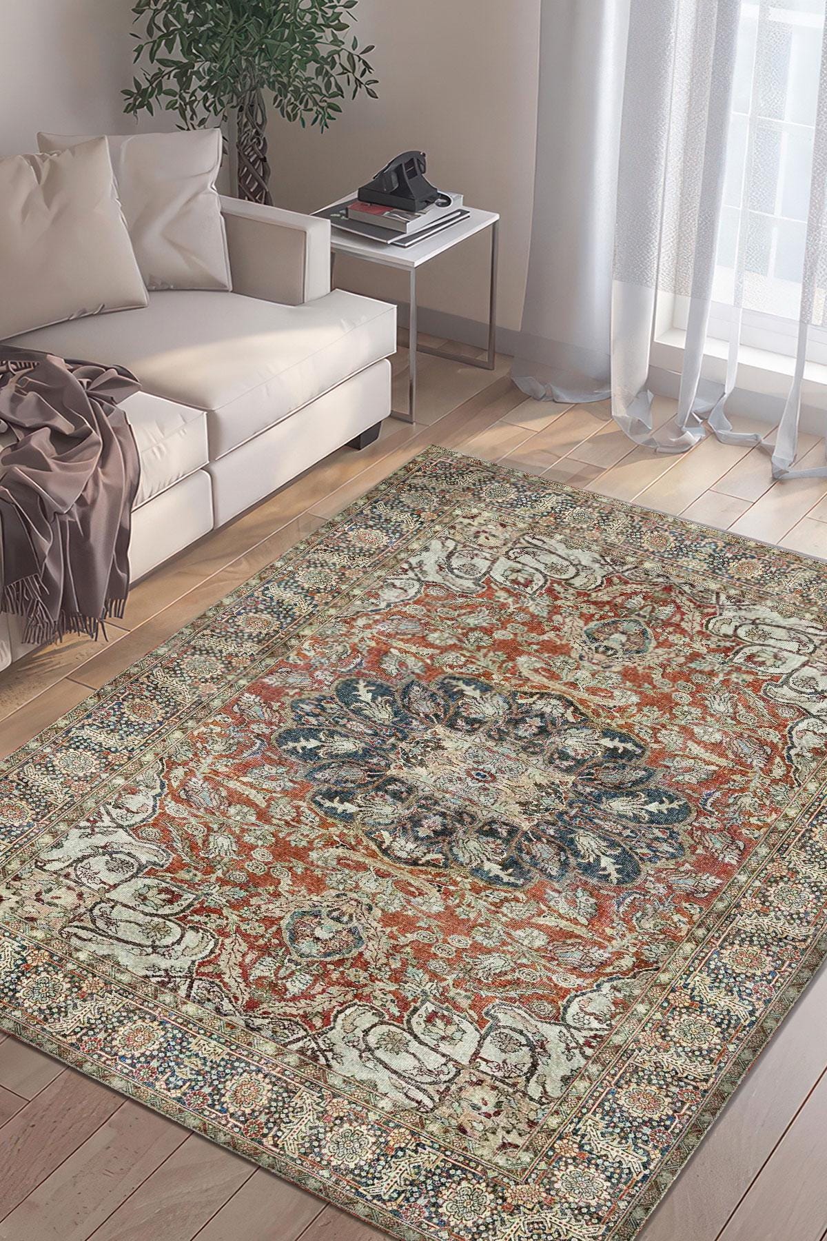 Brick Red Dusty Teal Digital Print Rug, Kurdish Vintage Medallion