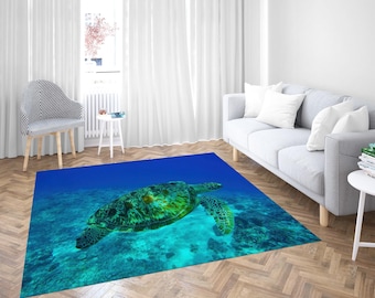 Sea Turtle Rug, Printed Carpet, Ocean Theme Rug, Underwater Decor, Blue Home Decor, Kids Room Rug,