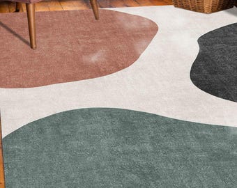 Sage Green Terracotta digital print rug, abstract modern floor mat 5x8, washable minimal area rug with curved color block design