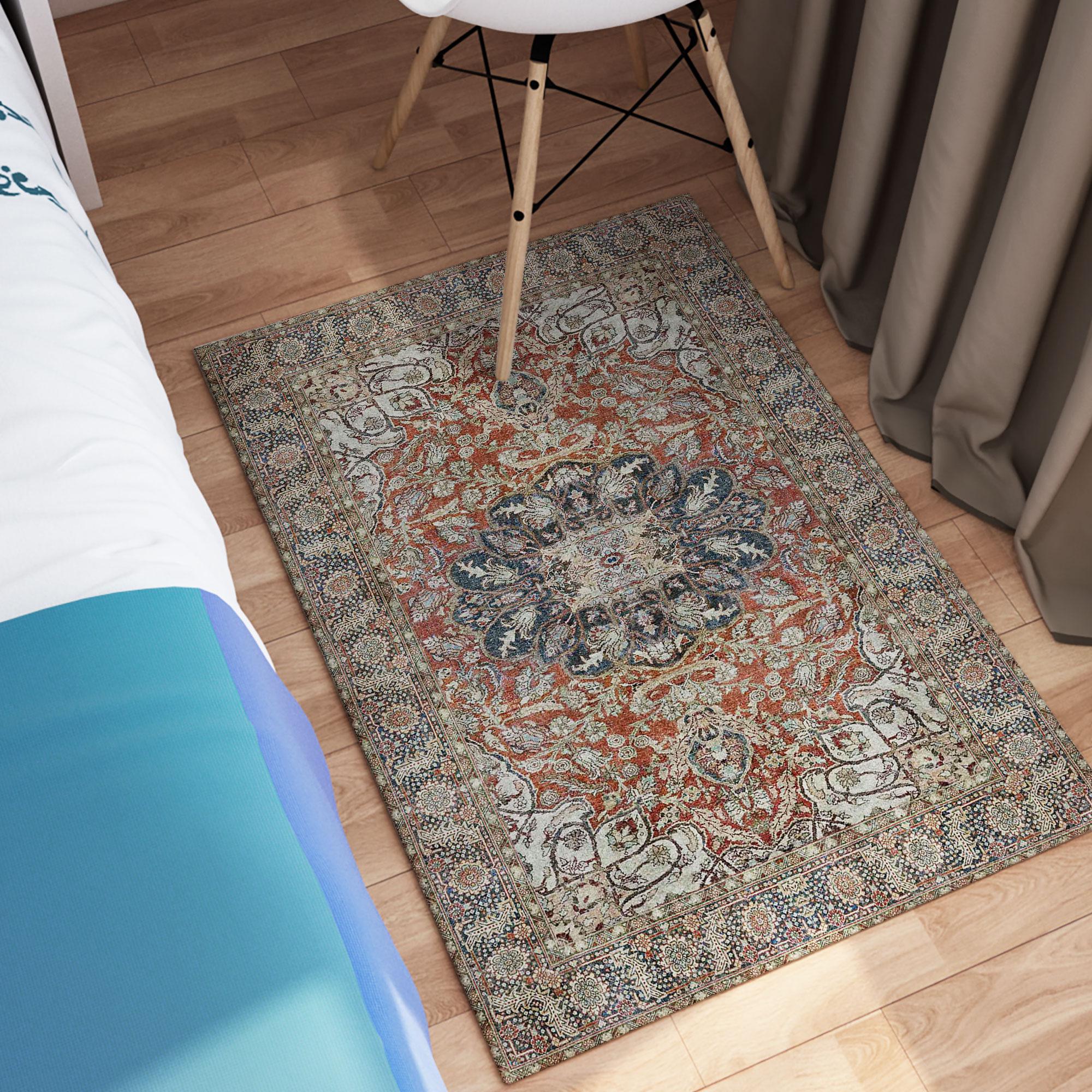 Brick Red Dusty Teal Digital Print Rug, Kurdish Vintage Medallion