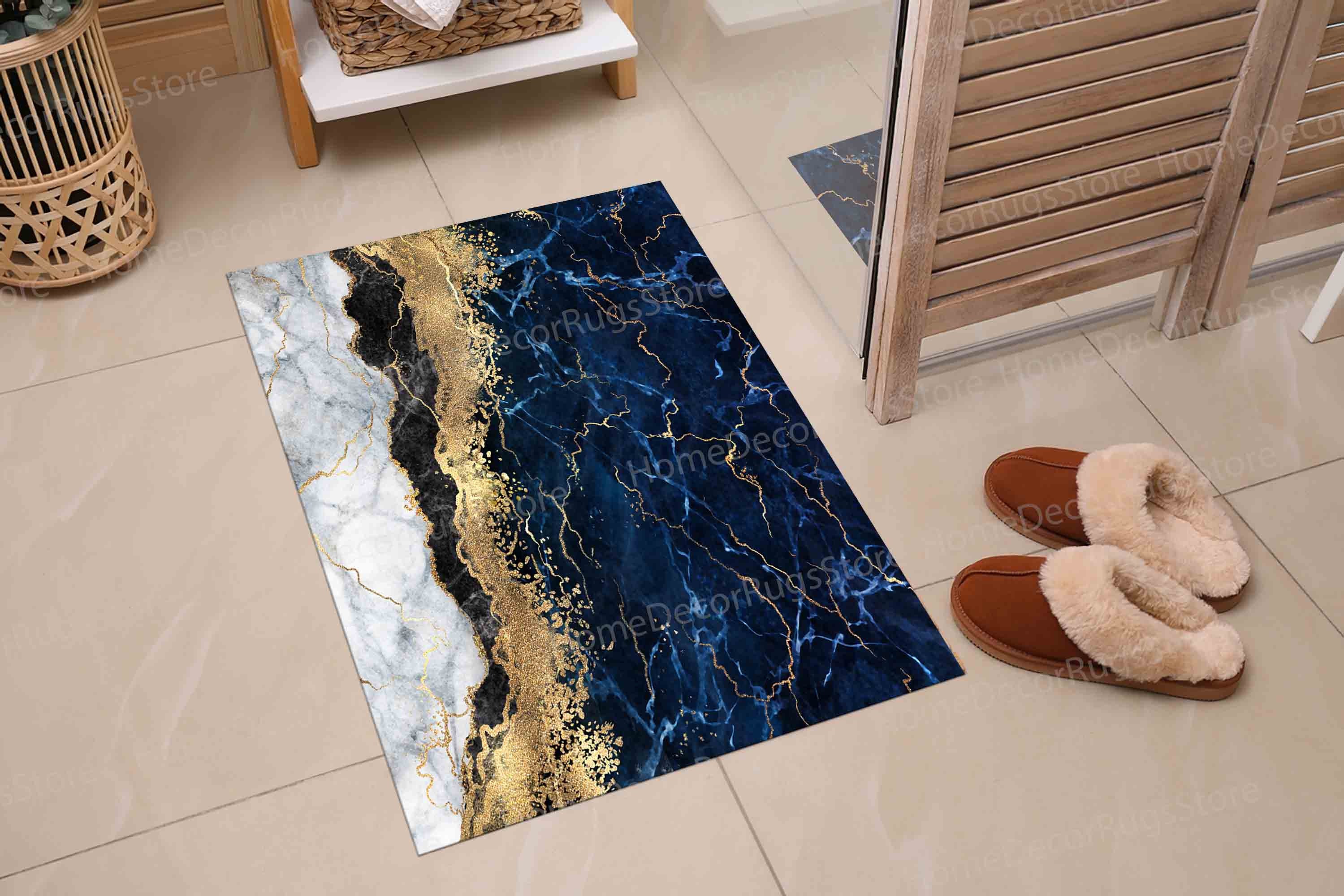 Blue Marble Rug Pattern Floor Rug, Blue Marble Rug, Chenille Rugs, Kitchen Rug, Blue Rug, Navy ...