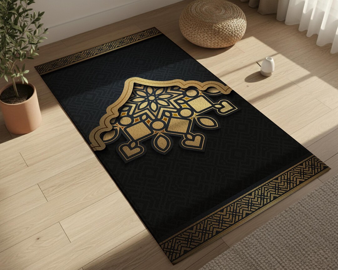 Round Islamic Rug Traditional Islamic Border Rug, Black Gold Islamic Prayer Mat ...