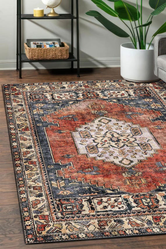 Brick Red Navy Digital Print Rug, Kurdish Vintage Medallion Floor