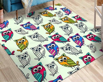 Owl Pattern Rug, Cute Owl Rugs, Trendy Rug, Children Rug, Nursery Rug, Chenille Rug, Square Rug, Nursery Rug, Accent Rug, 3D Printeds Rug,