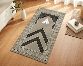 Alfombra de oración islámica con diseño de la Kaaba, alfombra de oración musulmana con líneas de alineación, alfombra de oración funcional, alfombra de oración musulmana moderna, Sajada islámica beige