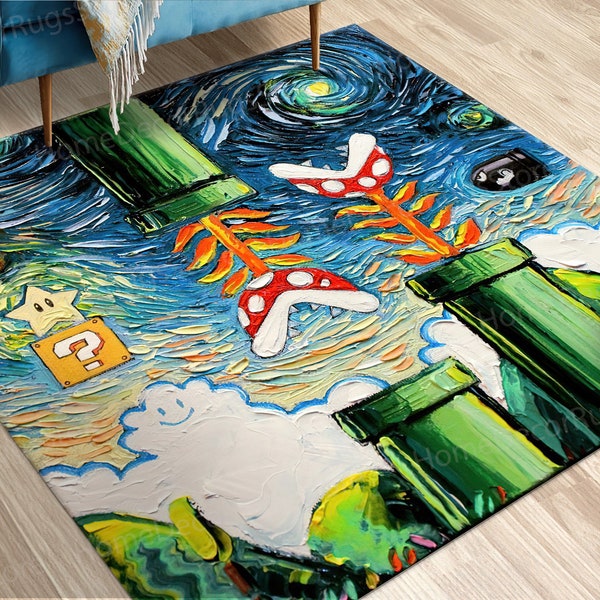 Gift Rug, Van Gogh Style Mario Painting Rugs, Starry Night Rugs, Mario World Rugs, Soft Rugs, Modern Rug, Large Rug, Starry Sky Rug,