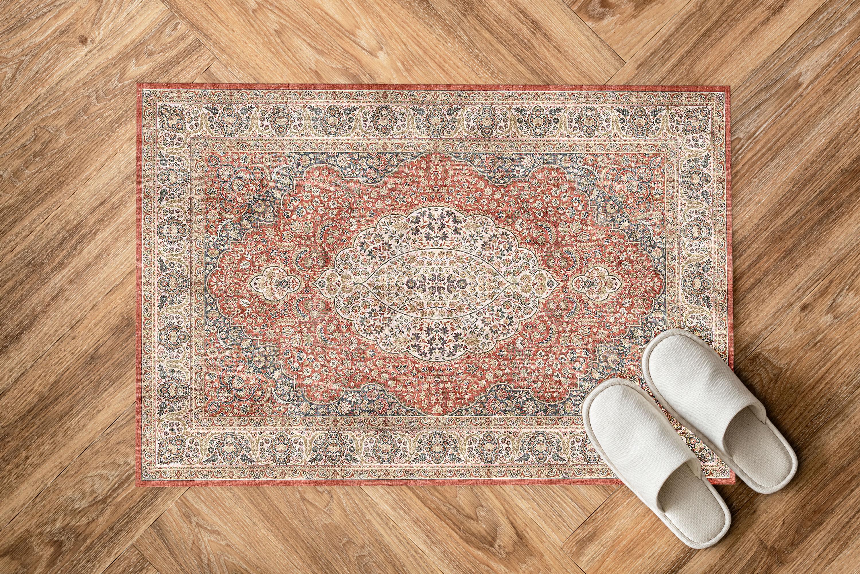 レンガ色のアイボリーデジタルプリントラグ、ペルシャのヴィンテージ