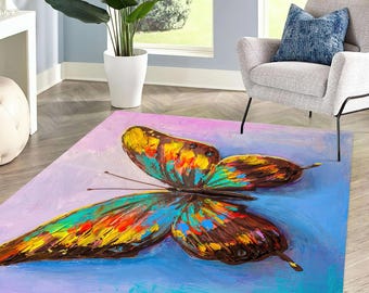Colorful Butterfly Painting Rug, Pink Rug, Abstract Butterfly Rugs, Animal Rugs, Entry Rug, Bath Rug, Step Rug, Round Rug,
