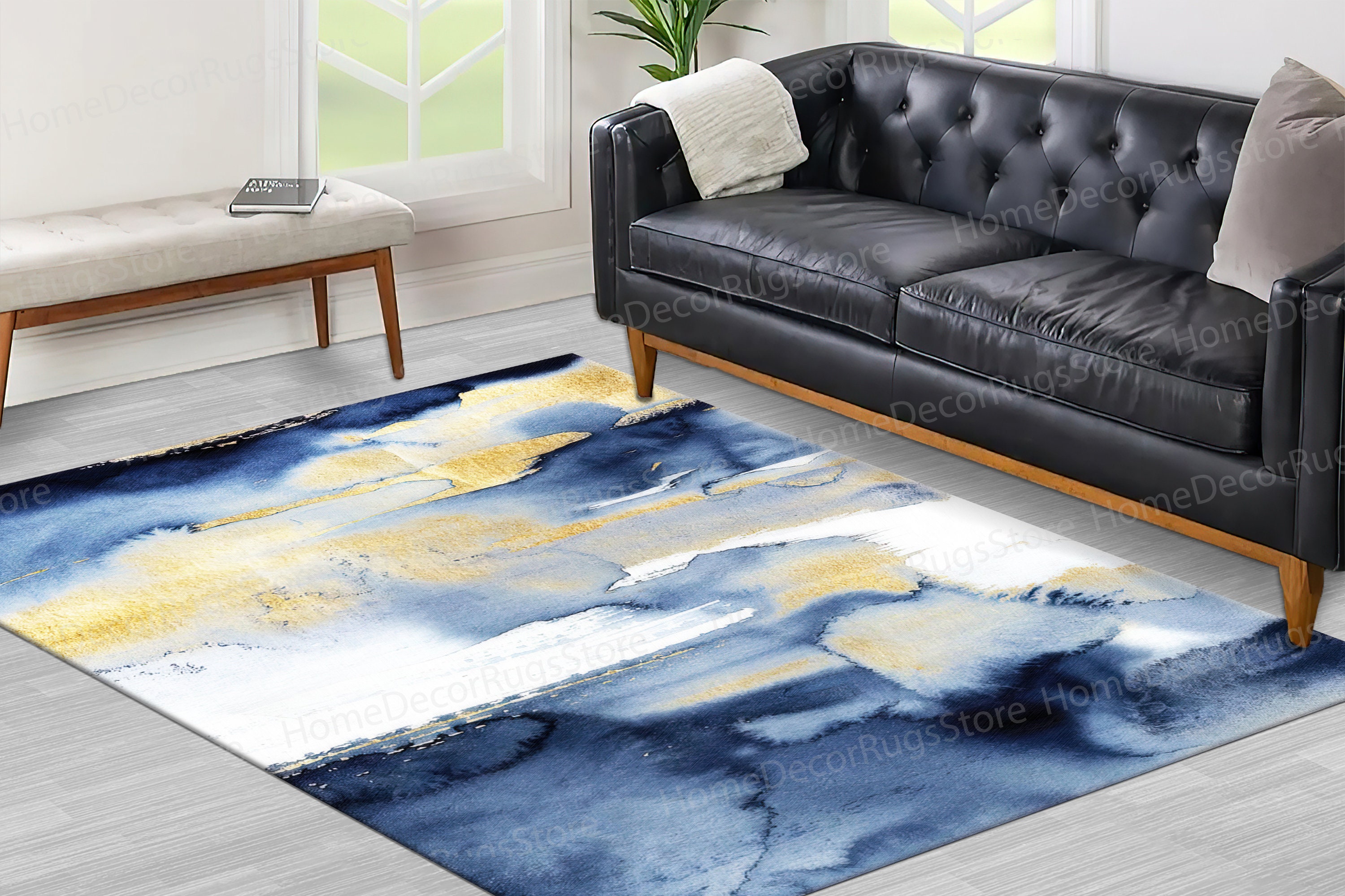 Modern Rugs, Gold Rugs, Blue and Gold Painting Rugs, Outdoor Rug ...
