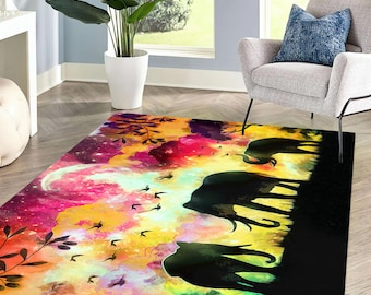 Three Elephants Painting Rugs, Moon Landscape Rug, Elephant Rugs, Animal Rugs, Easy To Clean Rug, 3D Printeds Rug, Step Rug, Gift For Her,