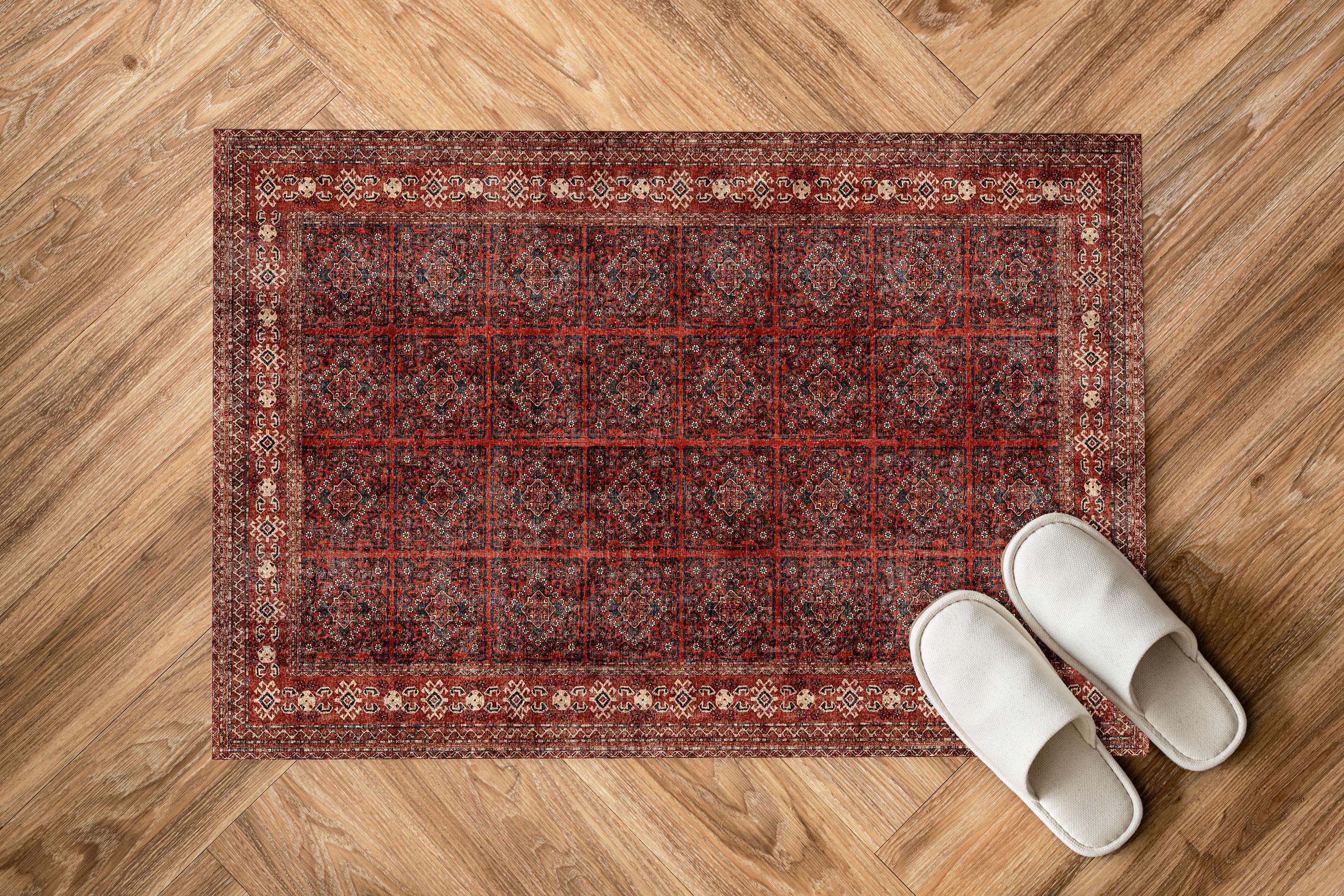 Red Digital Printed Kurdish Rug, Traditional Boxed Pattern Carpet