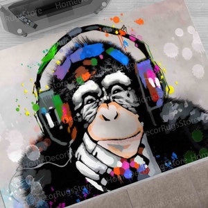 Step Rugs, Banksy Monkey Rugs, Banksy Rugs, Animal Rug, Accent Rug, Dj Monkey Rug, Thinking Monkey Rugs, Non-Slip Carpet Rugs, Graffiti Rug,
