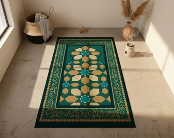 Elegante alfombra de oración, Sajjadah islámica verde y dorada, alfombra Salah con estampado geométrico, suave estera de oración musulmana, estilo decorativo moderno para el hogar.