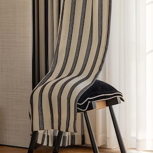Fergus Striped Linen Curtain, Linen Blend Curtain with Black Stripes, Semi Blackout Curtain, Darkening Curtain, Textured Curtain Panle, 1PC
