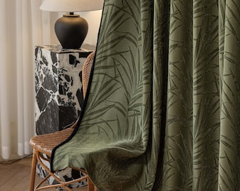 Gaye Leafy Blackout Curtain with Black Trim, 3 Colors, Thick Thermal Room Darkening Curtain, Modern Drapery for Bedroom Living Room, 1PC