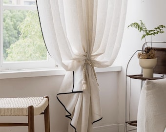 Lozano Linen Sheer Curtain with Black Trim, Linen Curtain with Curtain Valance, Custom Curtain, Bedroom Curtain, Extra Long Curtain, 1PC