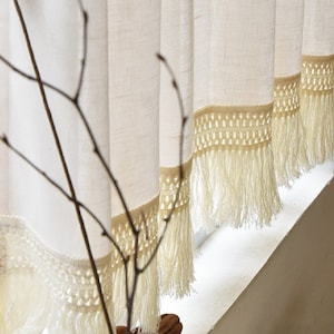 Aqsa Cotton Sheer Curtain with Tassels, Vintage Curtain, Boho Style Cotton White Curtain for Bedroom, Livingroom, Boho Decoration Drape, 1PC