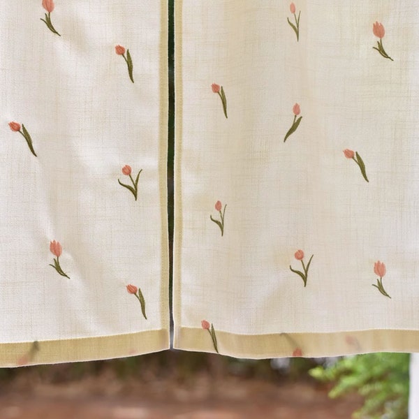 Tulip Embroidered Door Curtain, Linen Noren Drapes, Door Curtain, Long Noren, Room Dividers Doorway Curtain, Rod Pocket Curtain, 1PC