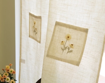 Rafe Embroidered Floral Linen Noren Curtain, Linen Noren Drape, Door Curtain, Long Noren, Room Divider Doorway Curtain, 1PC