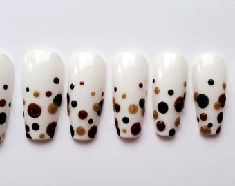 Holiday Themed Medium Length Coffin Shaped Hand Painted Press on nails in White with Christmas balls