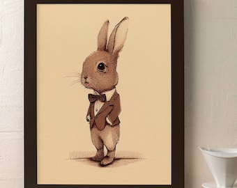 Gentlemankanin i fina kläder, digital nedladdning, 5 x 7, välklädd kanin, elegant kanin, konstteckningstryck, kaninskisstryck