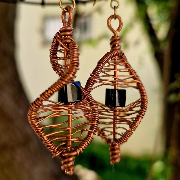 Crimson DNA: Copper Knit Earrings with Black Glass Cube