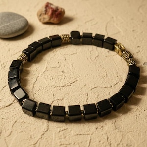 Black Square Stone Bead Bracelet with Antique Gold Accent Beads, Geometric Beaded Bracelet