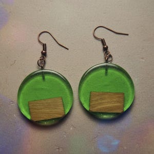 Green Epoxy Resin and Wood Disc Earrings, Rough Finish Handmade Resin Earrings with Wood Insert