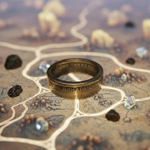 Può includere: Un anello dorato con testo inciso, appoggiato su una mappa dettagliata. L'anello riflette la luce e la mappa presenta sentieri tortuosi e formazioni rocciose sparse. Il testo dell'anello recita "ДИНАРА-DINA".