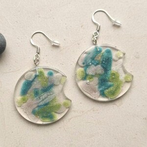 Blue Green Resin Earrings Abstract Pattern Earrings Round Handmade Jewelry