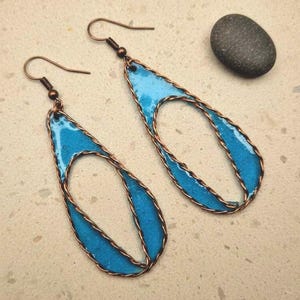 Blue Teardrop Copper Resin Earrings, Lightweight Handmade Statement Earrings