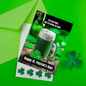 Happy St Patrick's Day afdrukbare kaart, kaart met Iers thema, Shamrock-kaart, Lucky card, Instant download, Klavertje vier kaart, Groen bier