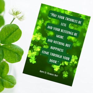 Happy St Patrick's Day afdrukbare kaart, kaart met Iers thema, Shamrock card, Lucky card, Instant download, Four-leaf clover card, Irish Blessing