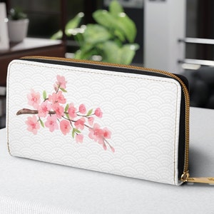 Cartera con cremallera Sakura, cartera de cuero vegano con diseño de flor de cerezo, organizador de dinero con temática primaveral, monedero floral, cartera con diseño de naturaleza, personalizable