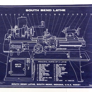 South Bend Lathe Principal Parts of a Lathe Chart Machinist Lathe Tool Shop Poster Old School Vintage Shop Class Blueprint