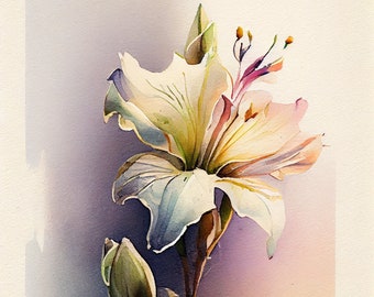 May include: A watercolor painting of a white lily with a green bud. The lily has a delicate, soft appearance and is painted in a realistic style.