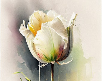 May include: A single white tulip with green leaves and a light brown stem. The tulip is painted in a watercolor style with soft edges and subtle color variations.
