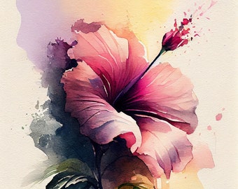 Pink Hibiscus - Flower Art Print - Botanical Watercolors Illustration - Instant Digital Download - Printable Wall Art - Home Decor