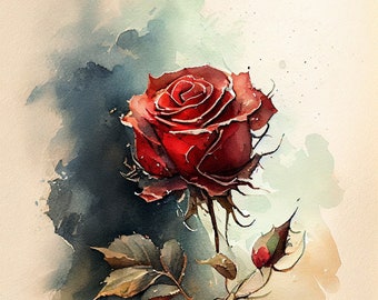 May include: A watercolor painting of a single red rose with a bud on a stem. The rose is in the foreground and the background is a soft wash of brown and blue.