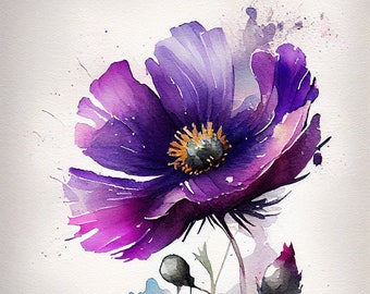 紫のアネモネの花の絵画：ボタニカルウォールアート（デジタル