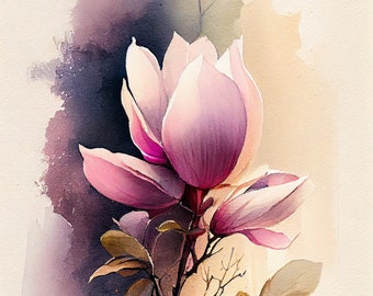May include: A watercolor painting of a pink magnolia flower with brown leaves and branches against a light brown background.