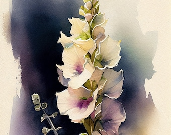 May include: A watercolor painting of a white flower with a purple center. The flower is on a green stem with leaves. The background is a soft purple and brown.