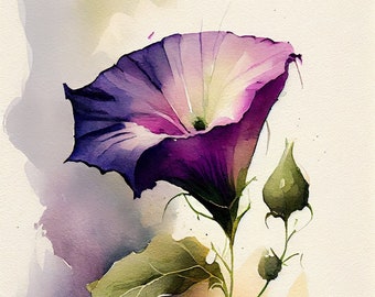 Purple Morning Glory - Flower Art Print - Botanical Watercolors Illustration - Instant Digital Download - Printable Wall Art - Home Decor