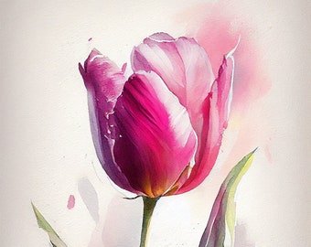 May include: A watercolor painting of a single pink tulip with green leaves. The tulip is in focus and the background is blurred.