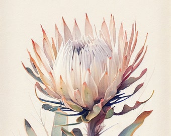 May include: A watercolor painting of a white protea flower with green leaves. The flower is in bloom and has a delicate, intricate structure. The painting is done in a realistic style and captures the beauty of the protea flower.