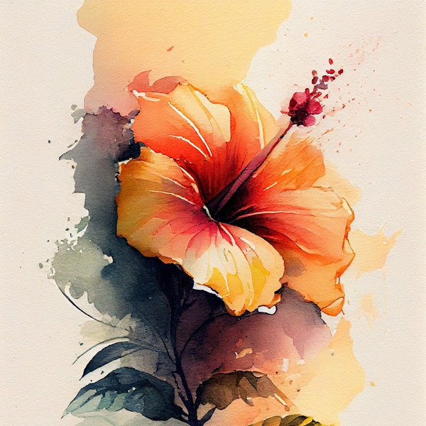 Orange Hibiscus - Flower Art Print - Botanical Watercolors Illustration - Instant Digital Download - Printable Wall Art - Home Decor